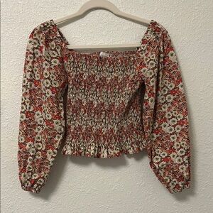 Floral Smocked Blouse - Red and Cream